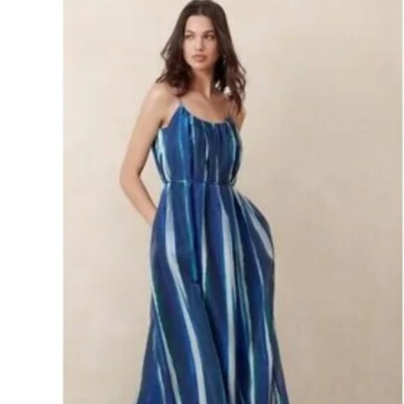 Banana Republic Organza Tie Waist Maxi Dress Blue Striped Pockets Flowing - Picture 2 of 7